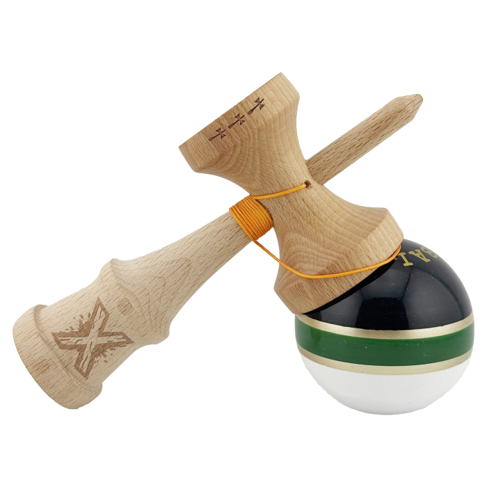 Kendama X ROYAL SPIKE Originala, Profesionala, Flippy, Big Cups V2, Super Sticky cu Cupe Mari, Rulment Metalic, din lemn 18 cm, Ata 55 cm, Negru/Verde Gold/Alb [4]