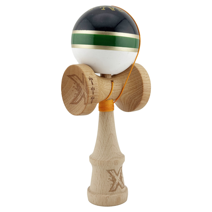 Kendama X ROYAL SPIKE Originala, Profesionala, Flippy, Big Cups V2, Super Sticky cu Cupe Mari, Rulment Metalic, din lemn 18 cm, Ata 55 cm, Negru/Verde Gold/Alb [2]