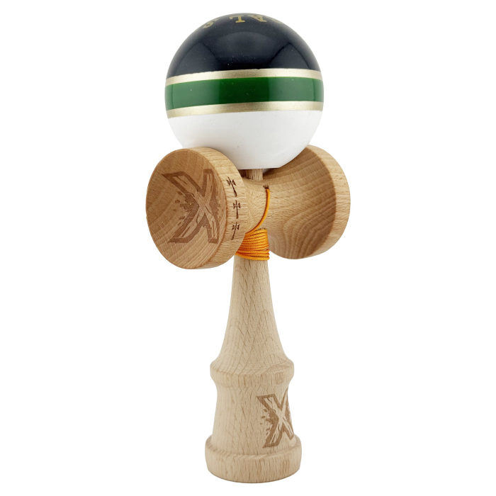 Kendama X ROYAL SPIKE Originala, Profesionala, Flippy, Big Cups V2, Super Sticky cu Cupe Mari, Rulment Metalic, din lemn 18 cm, Ata 55 cm, Negru/Verde Gold/Alb [10]