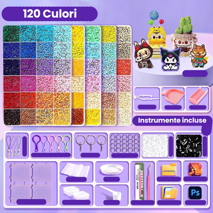 Kit de Margele Perle, Flippy, Set DIY 3D din 120 de Culori, 10000 de piese, Instrumente pentru Margele Incluse, 2.6 mm in cutie, Multicolor [2]