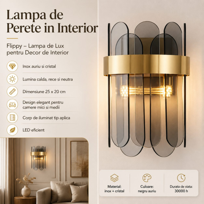 Lampa de Perete in Interior, Flippy, Lampa de Lux pentru Decor de Interior, Corp de Iluminat Tip aplica, din Inox Auriu si Cristal, Lumina Calda Rece Neutra, 25 x 20 cm, Ideal pentru Camere Mici si Me [2]