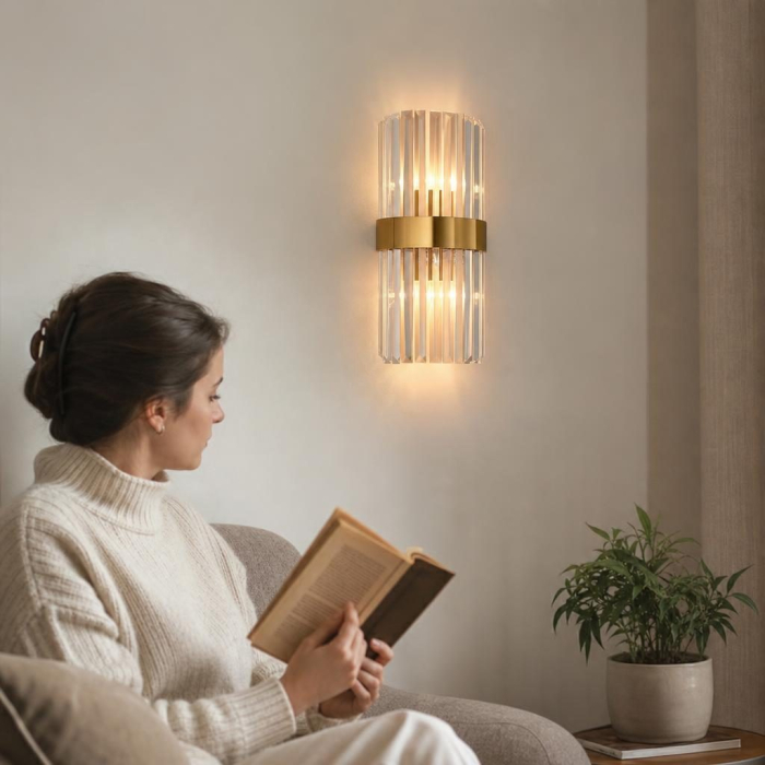 Lampa de Perete in Interior, Flippy, Lampa de Lux pentru Decor de Interior, Corp de Iluminat Tip aplica, din Inox Auriu si Cristal, Lumina Calda Rece Neutra, 35 x 18 cm, Ideal pentru Camere Mici si Me [3]