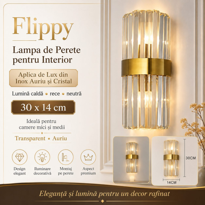 Lampa de Perete in Interior, Flippy, Lampa de Lux pentru Decor de Interior, Corp de Iluminat Tip aplica, din Inox Auriu si Cristal, Lumina Calda Rece Neutra, 30 x 14 cm, Ideal pentru Camere Mici si Me [2]