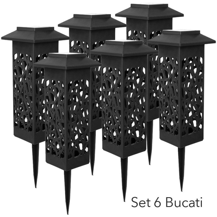 Lampa solara LED, Flippy, Set 6 Bucati, Tip Felinar cu Acoperis, pentru Gradina, Inaltime 30.2 cm, putere 0.2W, 1.2V, 600mAh, Lumina Alb Cald, Negru [3]