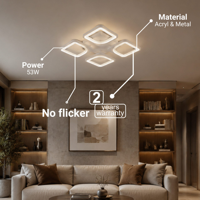 Lustra LED cu telecomanda ZOE 53W, 4 Patrate, lumina Rece/Calda/Neutra, Dimabila, Alb [8]