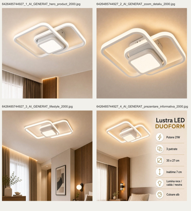 Lustra LED Moderna DUOFORM, Flippy, 21W, Design Geometric cu 3 Patrate, Lumina Calda/Neutra/Rece, Alb [8]