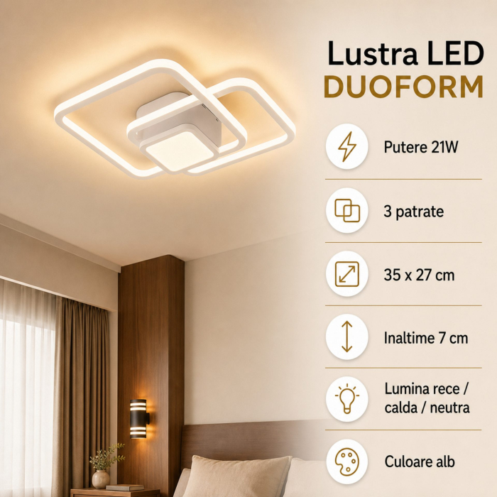 Lustra LED Moderna DUOFORM, Flippy, 21W, Design Geometric cu 3 Patrate, Lumina Calda/Neutra/Rece, Alb [11]