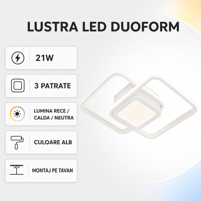 Lustra LED Moderna DUOFORM, Flippy, 21W, Design Geometric cu 3 Patrate, Lumina Calda/Neutra/Rece, Alb [12]