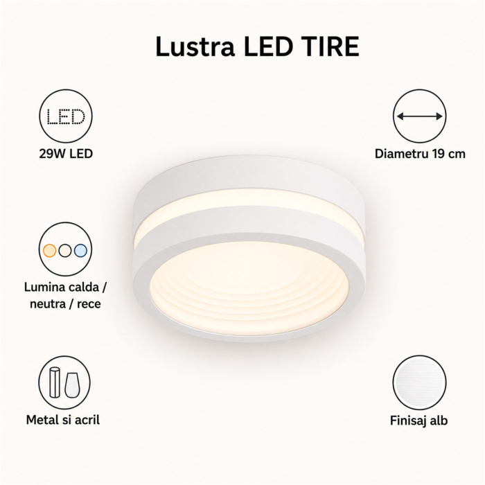 Lustra LED TIRE, 29W, Diametru 19cm, Lumina Calda/Neutra/Rece, Alb, Metal si Acril [8]