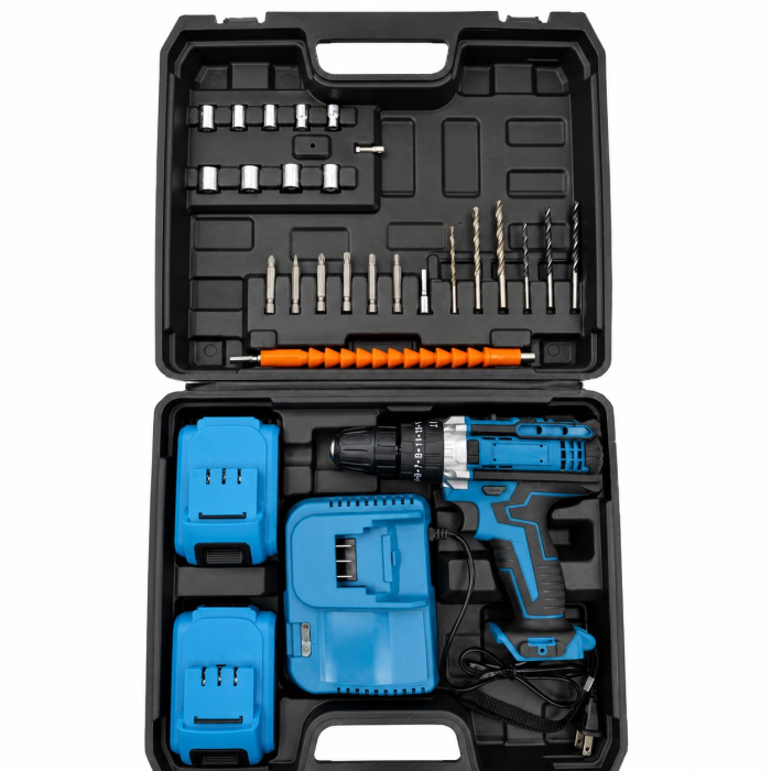 Masina de Gaurit Electrica Portabila, Flippy,  28 piese, 2 baterii, Incarcator, 300 W, Accesorii Multifunctionale, Surubelnita Electrica, Solutie pentru Bricolaj si Gospodarie, 42 x 34 x 10 cm, Albast [4]