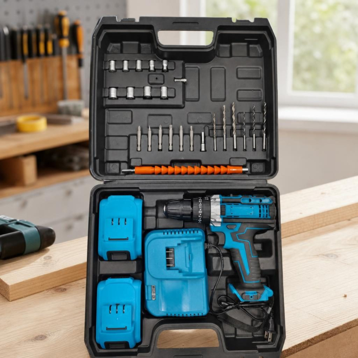 Masina de Gaurit Electrica Portabila, Flippy,  28 piese, 2 baterii, Incarcator, 300 W, Accesorii Multifunctionale, Surubelnita Electrica, Solutie pentru Bricolaj si Gospodarie, 42 x 34 x 10 cm, Albast [3]