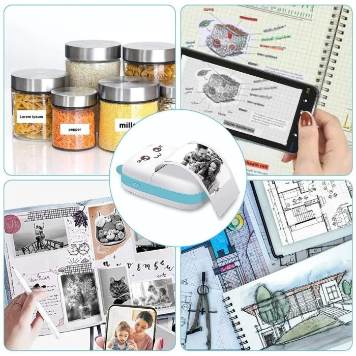 Mini Imprimanta Foto Portabila, Flippy, Incarcare USB, Bluetooth, Model Ursulet, 12 x 9 x 5 cm, Alb Albastru [3]