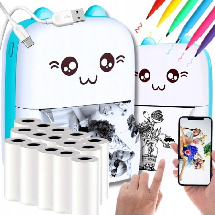 Mini Imprimanta Foto Portabila, Flippy, Incarcare USB, Bluetooth, Model Ursulet, 12 x 9 x 5 cm, Alb Albastru [6]