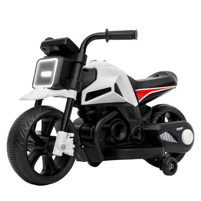 Motocicleta Electrica cu 2 Roti Mari si 2 Roti Ajutatoare, Flippy, Acumulator Incarcare, Anti-Rasturnare, Lumini, Muzica, Motor:380, Baterie 6V4.5, 41.5x70x34 cm, 4.5 Kg, 3 Ani+, Alb Negru [1]
