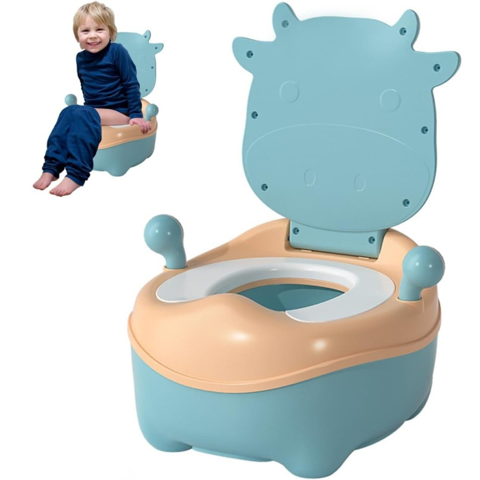 Olita pentru Copii , +1an, Portabila, Model Vacuta, cu Capac, Prietenoasa, Non-Toxic, Compartiment Detasabil, cu Manere, cu 4 Picioare, Usor de Curatat, Albastru [4]