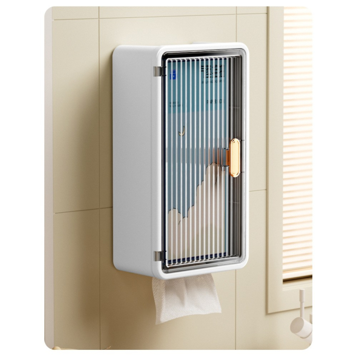 Organizator Cosmetice , Montare pe Perete fara Perforare, 36.5x10.9x20 cm, din PP si ABS, Alb-Negru, Usa Transparenta [3]