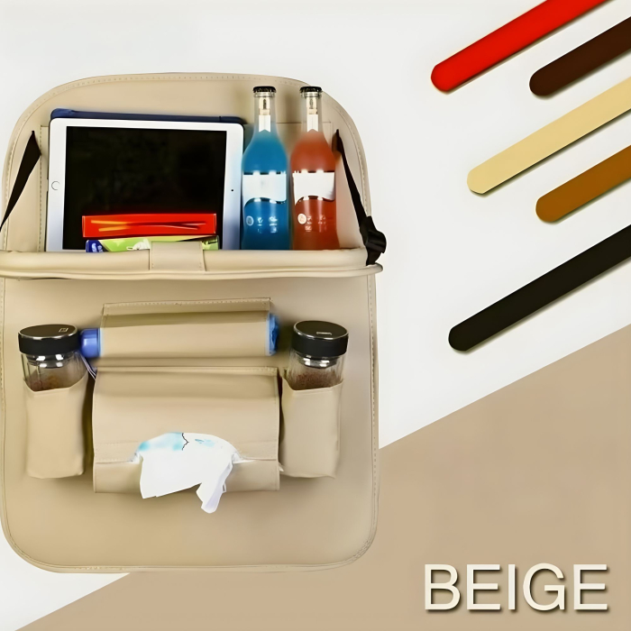 Organizator Spate Scaun Auto, Flippy, Masa Pliabila, Piele Ecologica, Impermeabil, Suport pentru Tableta, Sortare Lucruri si Protejare Tapiterie, 40 x 63cm, Bej [2]