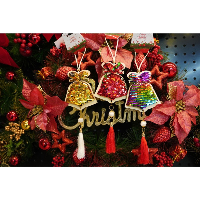 Ornament de brad clopotel cu paiete model 2, Flippy, multicolor, lemn, 36 cm [11]