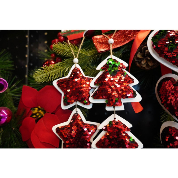 Ornament de brad trei inimi cu paiete, Flippy, rosu, lemn, 36 cm [4]