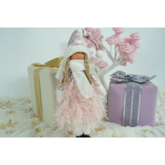 Ornament de Craciun papusa, Flippy, roz/alb, textil, 44 cm [8]