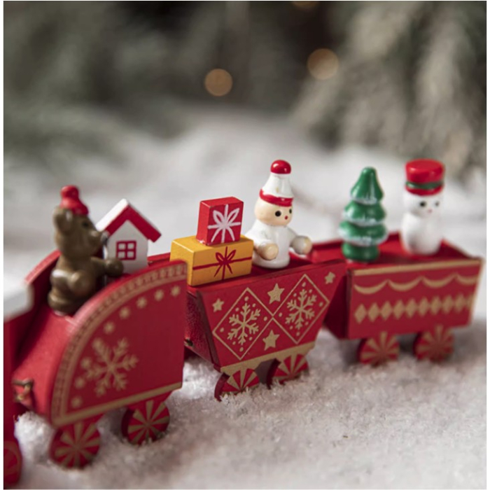 Ornament Decoratiune de Craciun Tren Pictat, Flippy, Tip Ornament Jucarie de Decor pentru Craciun, din Lemn 20 cm, Tren Figurina de Craciun, Rosu [2]