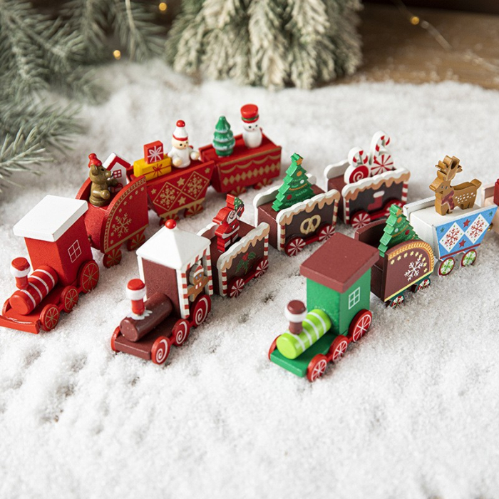 Ornament Decoratiune de Craciun Tren Pictat, Flippy, Tip Ornament Jucarie de Decor pentru Craciun, din Lemn 20 cm, Tren Figurina de Craciun, Rosu [3]