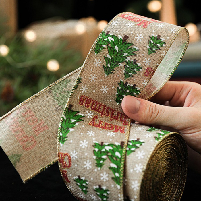 Panglica de Craciun pentru Decor Brad, Flippy, Panglica Decorativa de Craciun pentru Funde, Imprimeu Brazi Merry Christmas, 200 x 6.3 m, Khaki Verde Rosu [3]