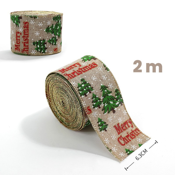 Panglica de Craciun pentru Decor Brad, Flippy, Panglica Decorativa de Craciun pentru Funde, Imprimeu Brazi Merry Christmas, 200 x 6.3 m, Khaki Verde Rosu [1]