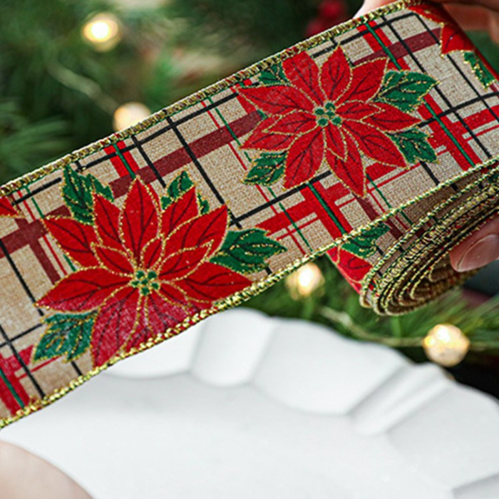 Panglica de Craciun pentru Decor Brad, Flippy, Panglica Decorativa de Craciun pentru Funde, Imprimeu Floare Rosie, 200 x 6.3 m, Khaki Rosu [2]