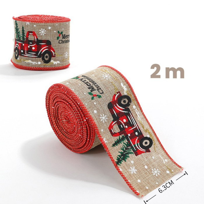Panglica de Craciun pentru Decor Brad, Flippy, Panglica Decorativa de Craciun pentru Funde, Imprimeu Pick-Up Merry Christmas, 200 x 6.3 m, Khaki Rosu [1]