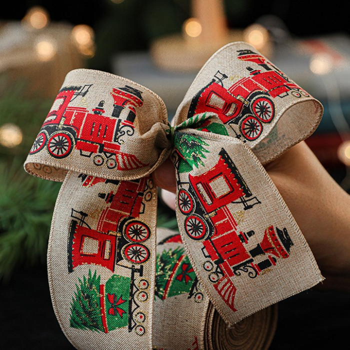 Panglica de Craciun pentru Decor Brad, Flippy, Panglica Decorativa de Craciun pentru Funde, Imprimeu Trenulet, 200 x 6.3 m, Khaki [2]