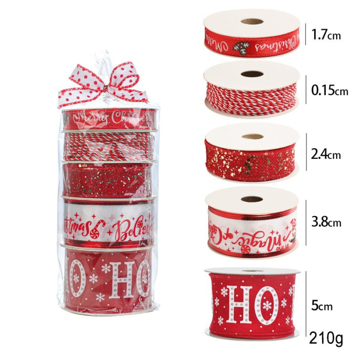Panglica Decorativa cu Tematica de Craciun, Flippy, Set din 4 bucat + 1 Rulon Ata Rosie Alba, Panglica pentru Cadou de Craciun Brad si Decor, 2 M per bucata, Model HO HO HO, Rosu [1]