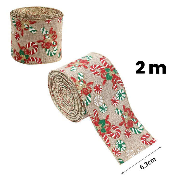 Panglica Decorativa pentru Craciun, Flippy, Ornament pentru Brad de Craciun, Pretreceri, Panglica cu Design Acadele de Craciun, 200 x 6.3 cm, Khaki  [2]