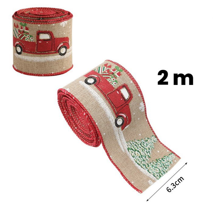 Panglica Decorativa pentru Craciun, Flippy, Ornament pentru Brad de Craciun, Pretreceri, Panglica cu Design Masina Rosie, 200 x 6.3 cm, Khaki  [2]