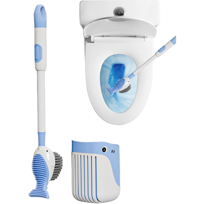 Perie de Toaleta , cu Suport de Perete, Recipient Detergent, 2 Tipuri de Perii, Model Balena, Albastru [2]