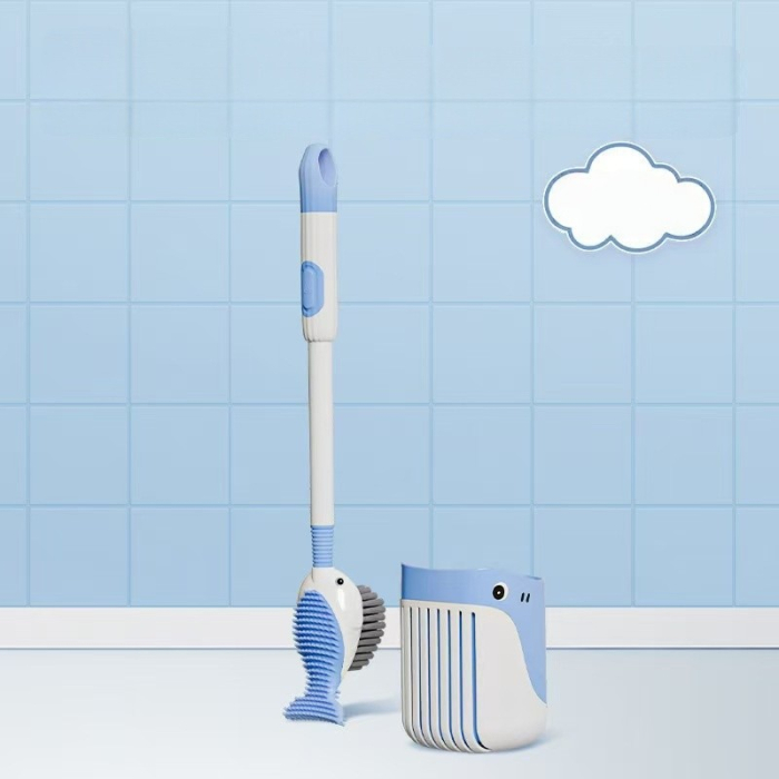 Perie de Toaleta , cu Suport de Perete, Recipient Detergent, 2 Tipuri de Perii, Model Balena, Albastru [9]