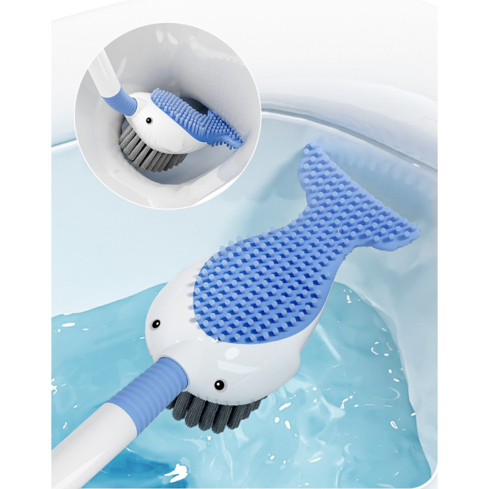 Perie de Toaleta , cu Suport de Perete, Recipient Detergent, 2 Tipuri de Perii, Model Balena, Albastru [6]