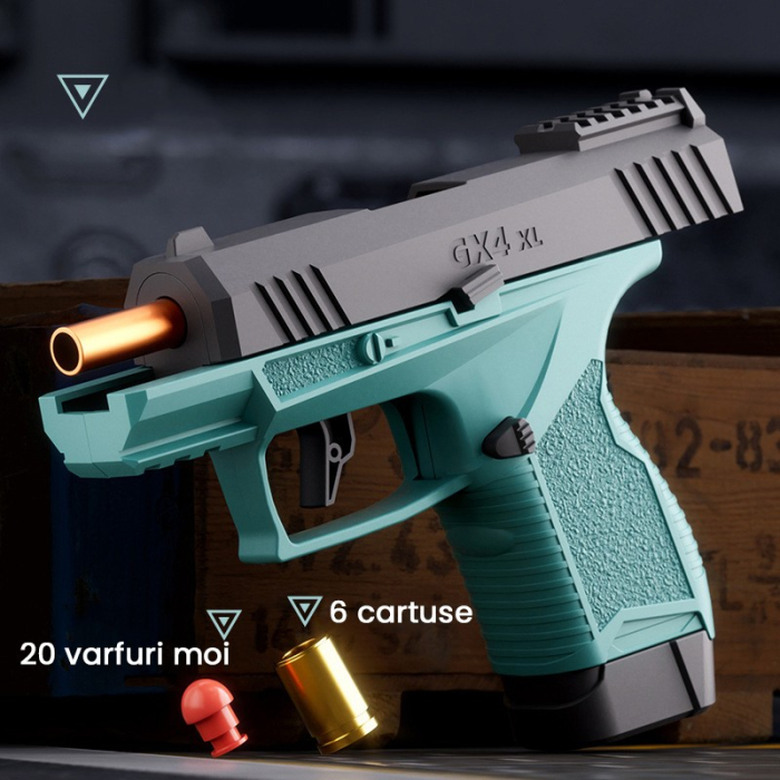 Pistol de jucarie GX4 cu Ejectie, Flippy, de Explozie de buzunar, Makara BLOWBACK, Gloante Moi pentru Copii, 15 x 13 x 3.5 cm, Negru Verde [2]