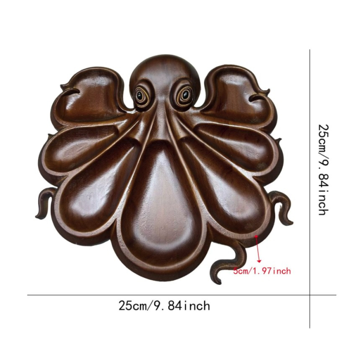 Platou pentru Servire, Flippy, in Forma de Caracatita, 8 Compartimente pentru Mezeluri Branzeturi Snacksuri, Design Artistic, din Lemn Masiv, 26 x 25 x 3 cm, Maro inchis [4]