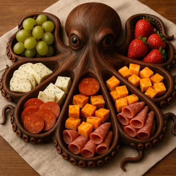 Platou pentru Servire, Flippy, in Forma de Caracatita, 8 Compartimente pentru Mezeluri Branzeturi Snacksuri, Design Artistic, din Lemn Masiv, 26 x 25 x 3 cm, Maro inchis [2]