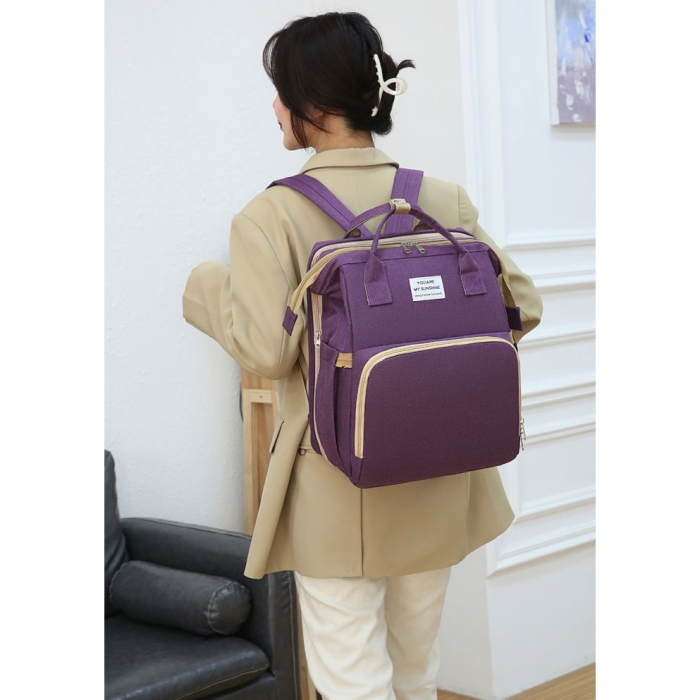 Rucsac Multifunctional pentru Mamici, Flippy, cu Patut Pliabil si Baza de Schimbat, Rezistent la Apa, Capacitate Mare, Usor, Compartimente Multiple, Buzunar Termic pentru Lapte, 42 x 32 x 22 cm, Mov [6]