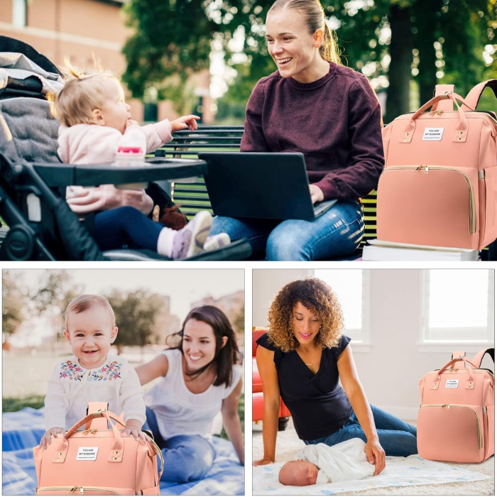 Rucsac Multifunctional pentru Mamici, Flippy, cu Patut Pliabil si Baza de Schimbat, Rezistent la Apa, Capacitate Mare, Usor, Compartimente Multiple, Buzunar Termic pentru Lapte, 42 x 32 x 22 cm, Roz P [2]