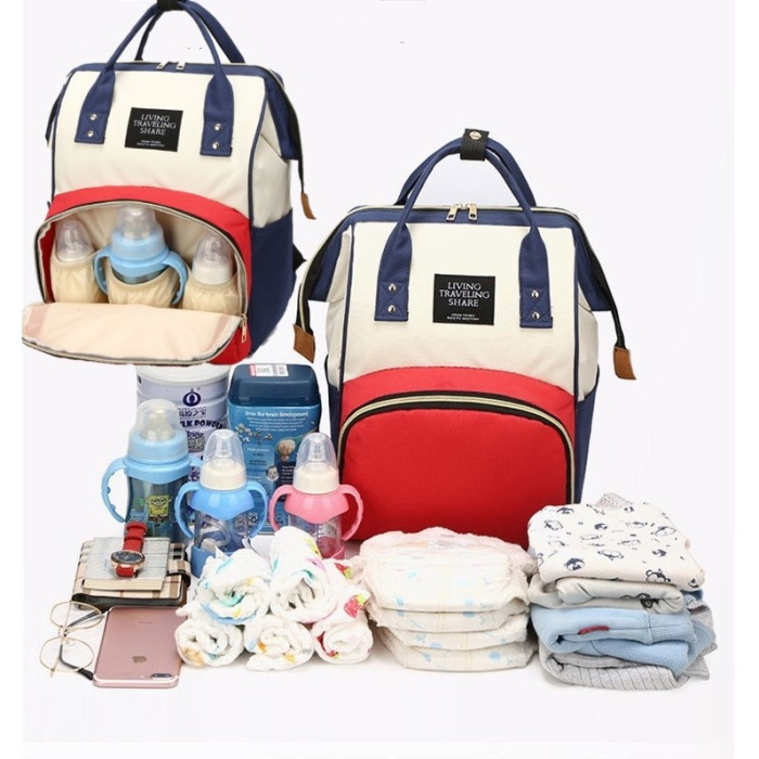 Rucsac Multifunctional pentru Mamici, Flippy, din Panza Oxford, Compartimentare Multipla, Impermeabil, 43 x 18 x 26 cm, Alb/Rosu/Albastru [9]