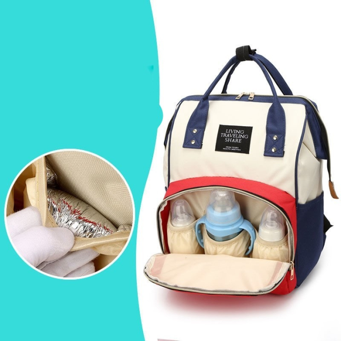 Rucsac Multifunctional pentru Mamici, Flippy, din Panza Oxford, Compartimentare Multipla, Impermeabil, 43 x 18 x 26 cm, Alb/Rosu/Albastru [6]