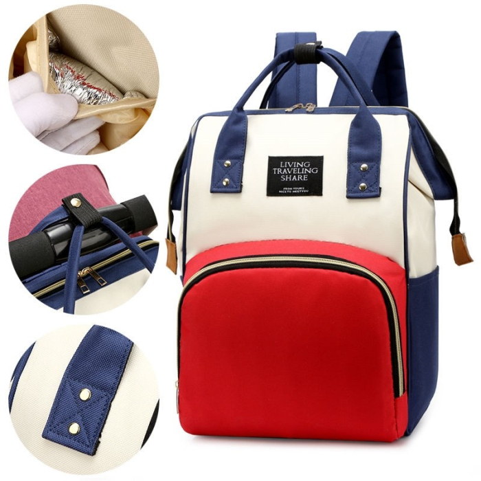 Rucsac Multifunctional pentru Mamici, Flippy, din Panza Oxford, Compartimentare Multipla, Impermeabil, 43 x 18 x 26 cm, Alb/Rosu/Albastru [8]