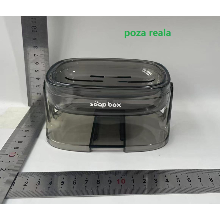 Savoniera cu Suport 2 in 1 , Pentru Perete sau Blat, PET, Scurgere Optima, GriTransparent [2]