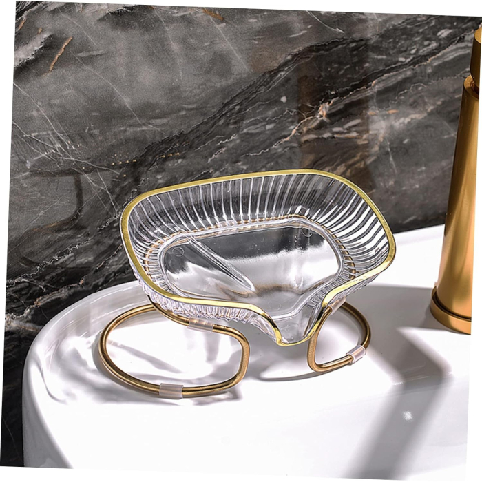 Savoniera cu Suport , Sistem de Scurgere a Apei, Margine Aurie, 14 x 8.5 x 9 cm, din TPE, Transparent [2]