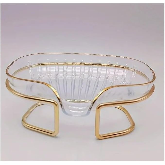 Savoniera cu Suport , Sistem de Scurgere a Apei, Margine Aurie, 14 x 8.5 x 9 cm, din TPE, Transparent [3]