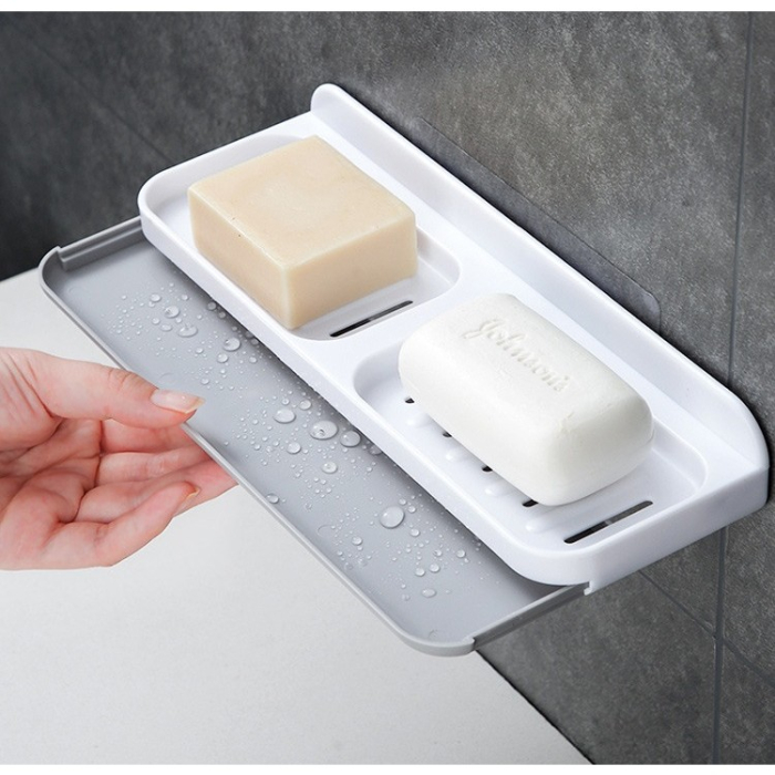 Savoniera Dubla , de Perete, cu Compartiment de Scurgere, Montare prin Lipire, 26 x 8 x 4 cm, Alb/Gri [9]