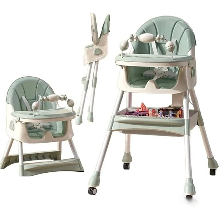 Scaun de Masa 2in1, Flippy, pentru Copii de la 6 luni - 5 Ani, Inaltime Reglabila, Centura in 5 Puncte, Tava de Masa, Roti cu Frana, Cos Depozitare, Jucarie Inclusa, 94 x 78 x 60 cm, Verde [6]